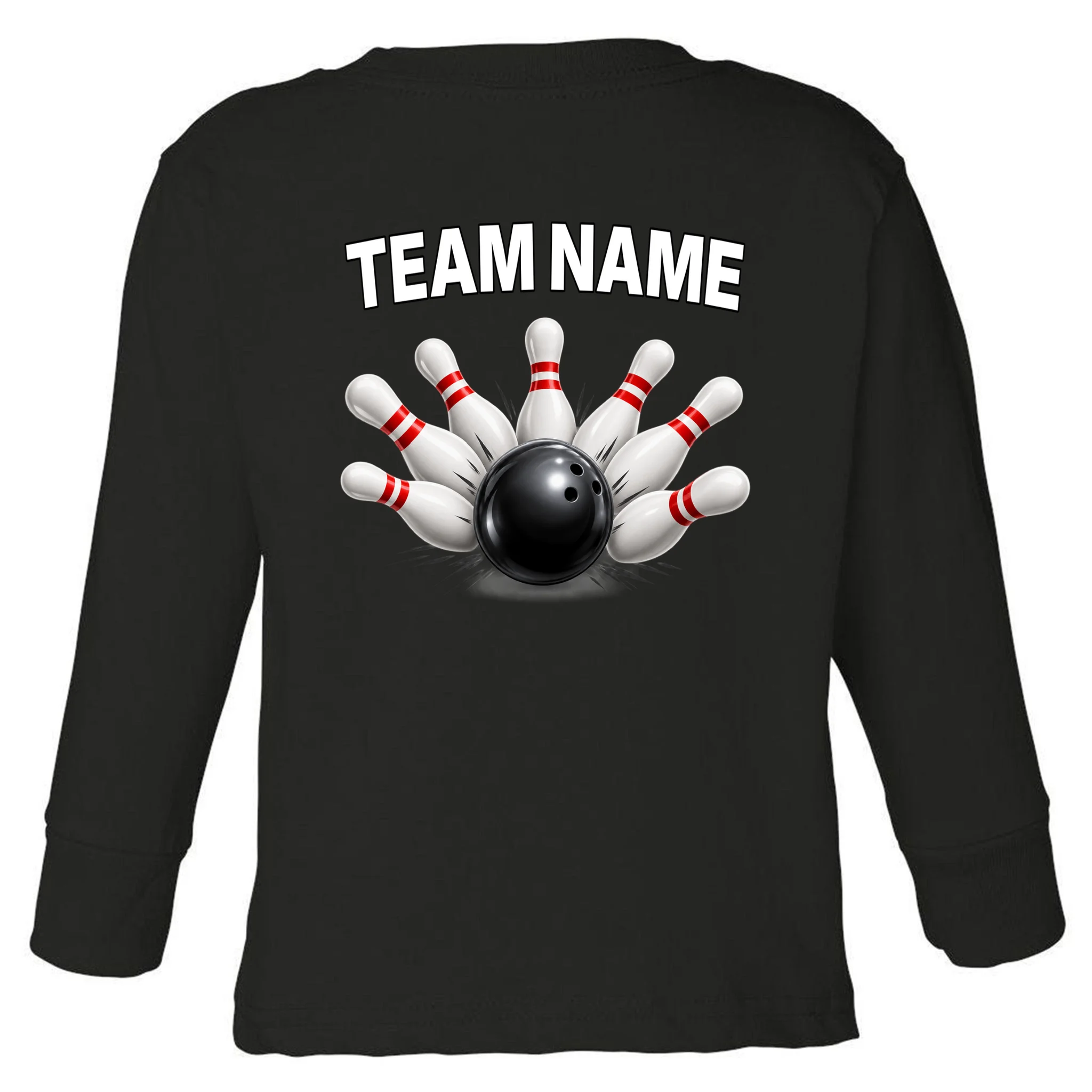 Bowling Team Name & Player Name Personalized Gift - Custom Bowling Pins and Ball Design Toddler Long Sleeve Shirt - Back - Close-up
