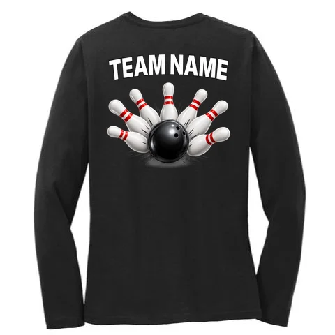 Bowling Team Name & Player Name Personalized Gift - Custom Bowling Pins and Ball Design Women's Long Sleeve Shirt - Back - Close-up