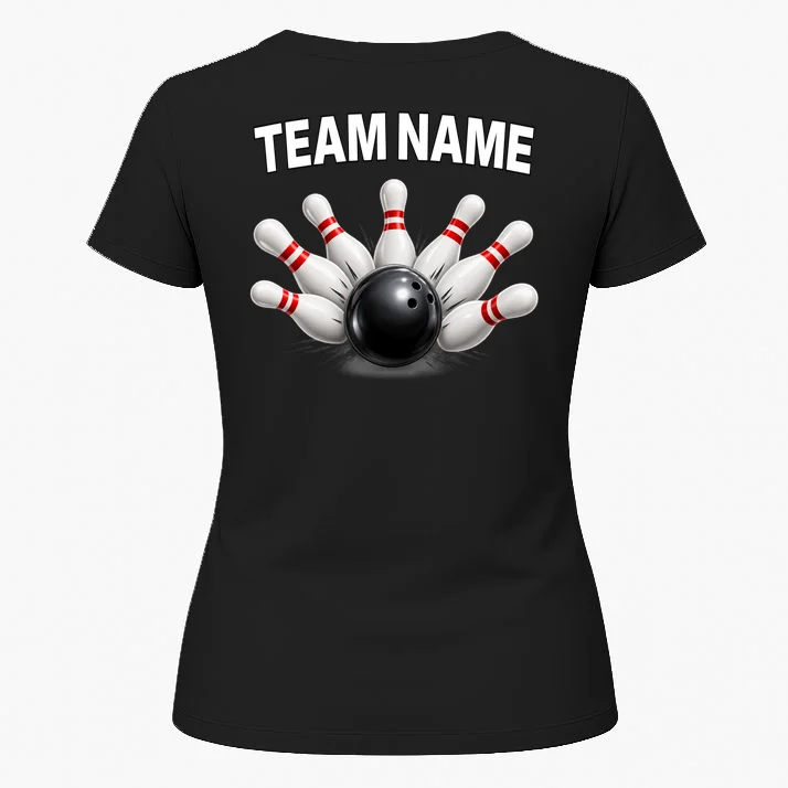 Bowling Team Name & Player Name Personalized Gift - Custom Bowling Pins and Ball Design Women's T-Shirt - Back 1