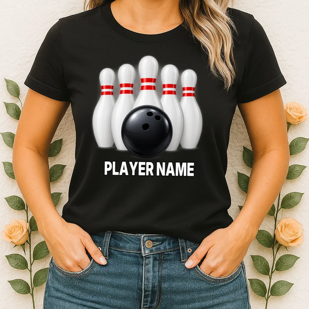 Bowling Team Name & Player Name Personalized Gift - Custom Bowling Pins and Ball Design Women's T-Shirt - Front 1