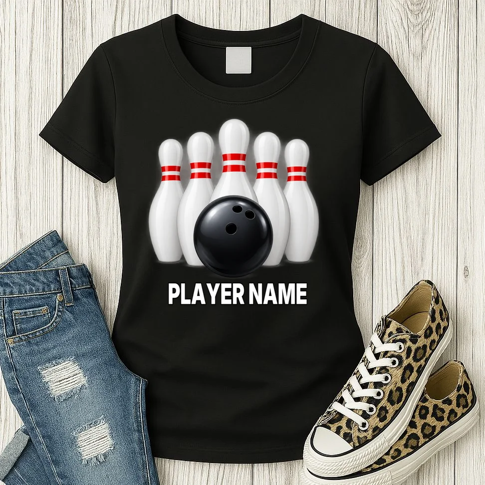 Bowling Team Name & Player Name Personalized Gift - Custom Bowling Pins and Ball Design Women's T-Shirt - Front 2