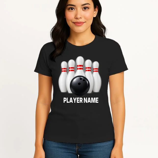Bowling Team Name & Player Name Personalized Gift - Custom Bowling Pins and Ball Design Women's T-Shirt - Front 3