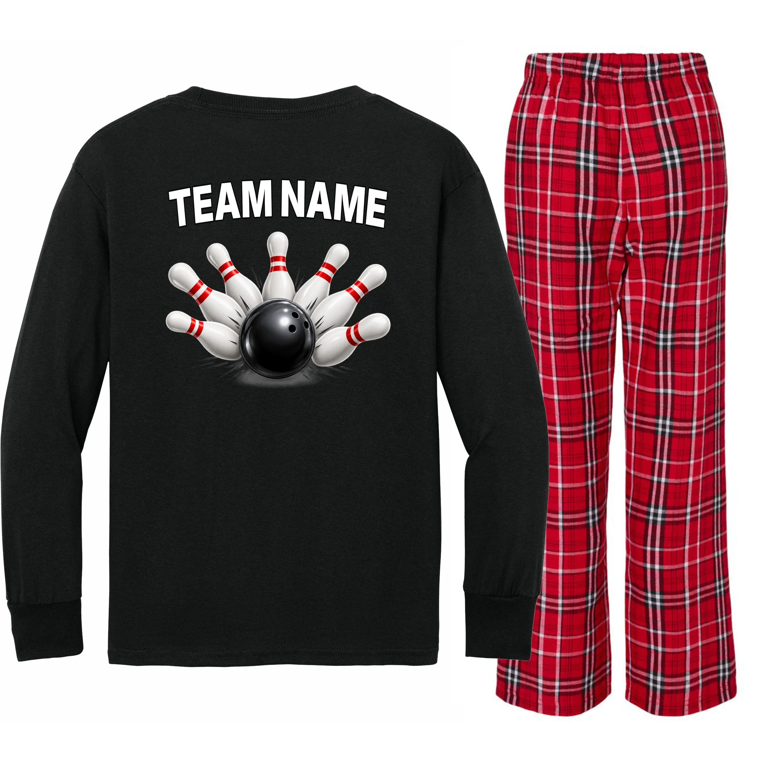 Bowling Team Name & Player Name Personalized Gift - Custom Bowling Pins and Ball Design Kids Long Sleeve Pajamas - Back - Close-up
