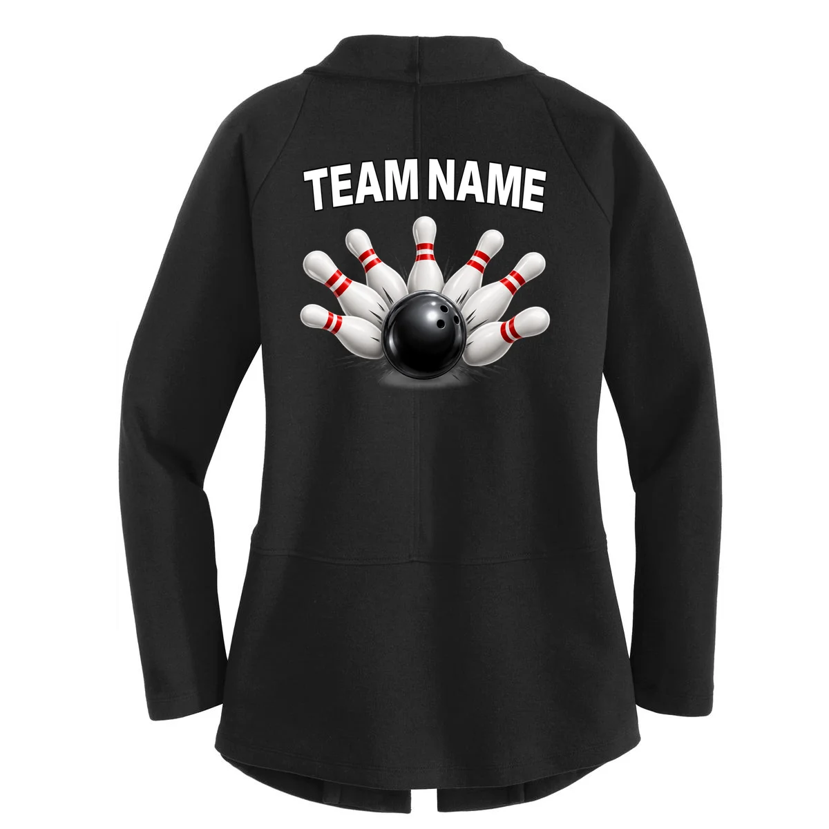Bowling Team Name & Player Name Personalized Gift - Custom Bowling Pins and Ball Design Women's Cardigan - Back - Close-up