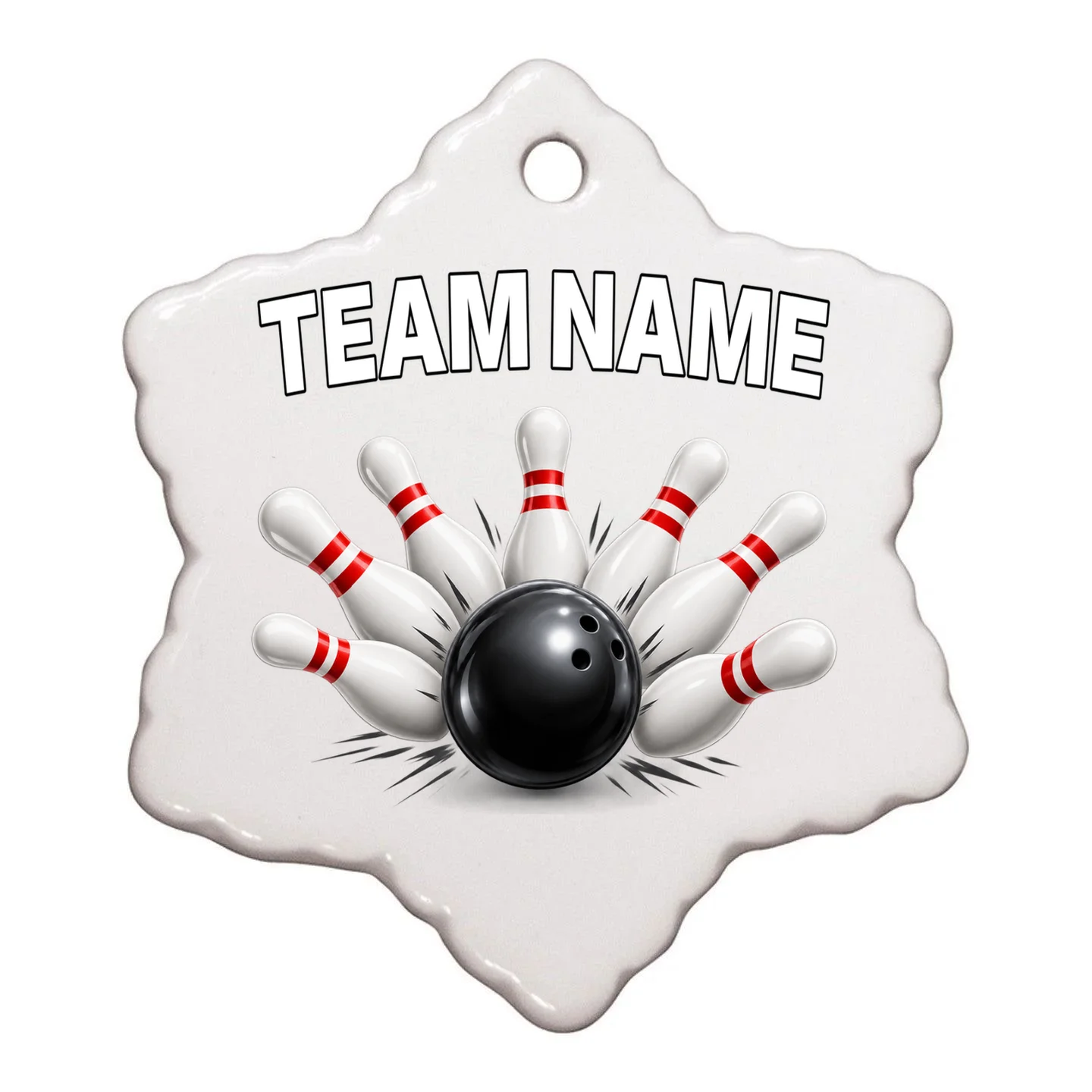 Bowling Team Name & Player Name Personalized Gift - Custom Bowling Pins and Ball Design Ornament - Back - Close-up