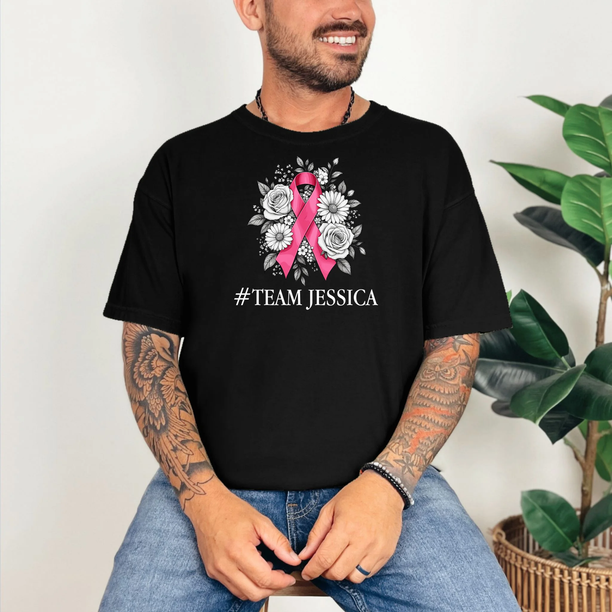 Personalized Breast Cancer Support with Pink Ribbon Awareness Comfort Colors Unisex T-Shirt - Front 2
