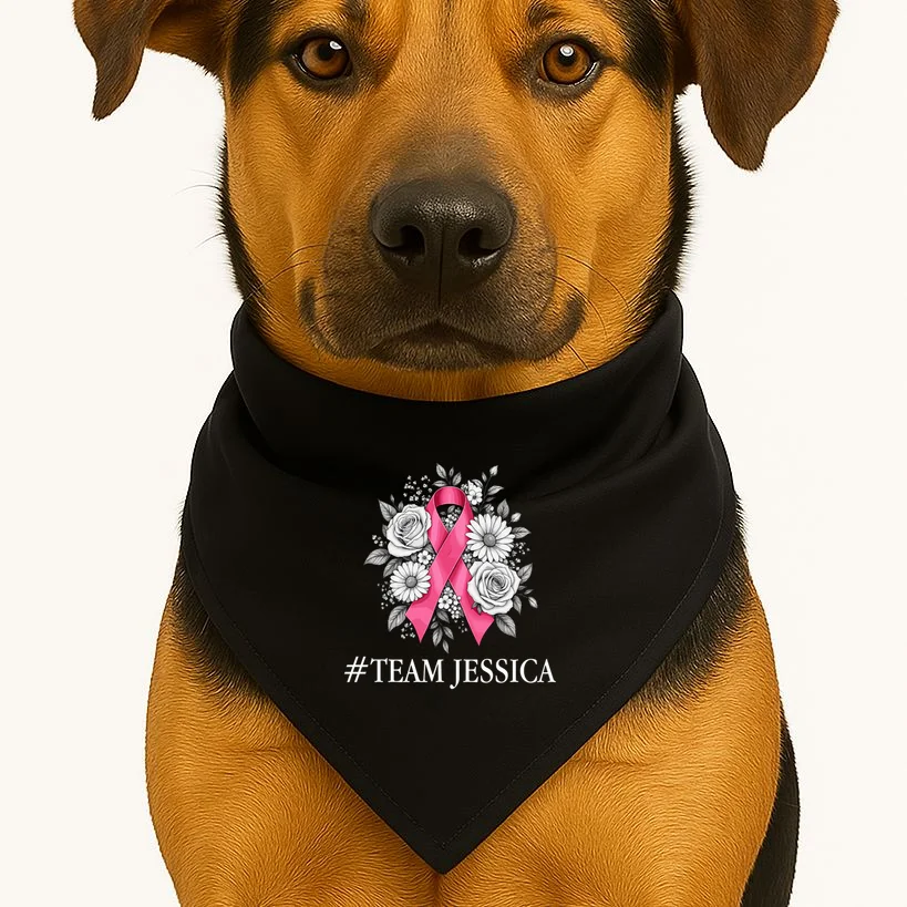 Personalized Breast Cancer Support with Pink Ribbon Awareness Dog Bandana - Front 1