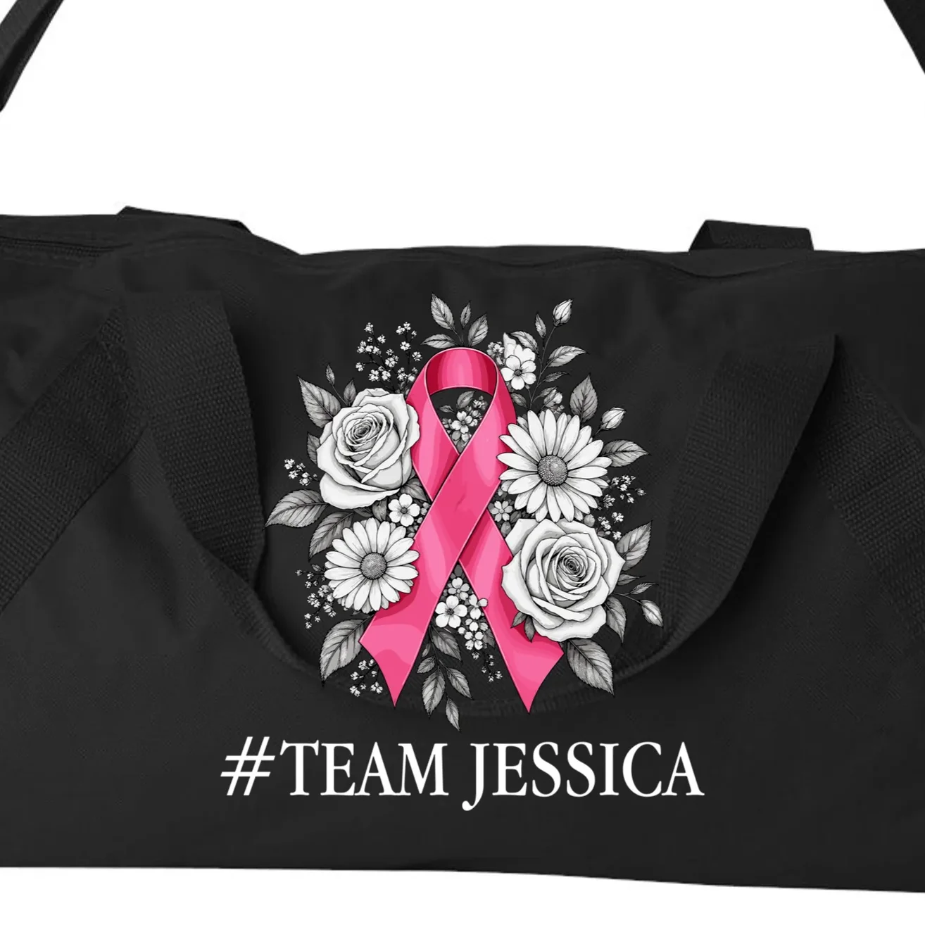 Personalized Breast Cancer Support with Pink Ribbon Awareness Duffel Bag - Front - Close-up