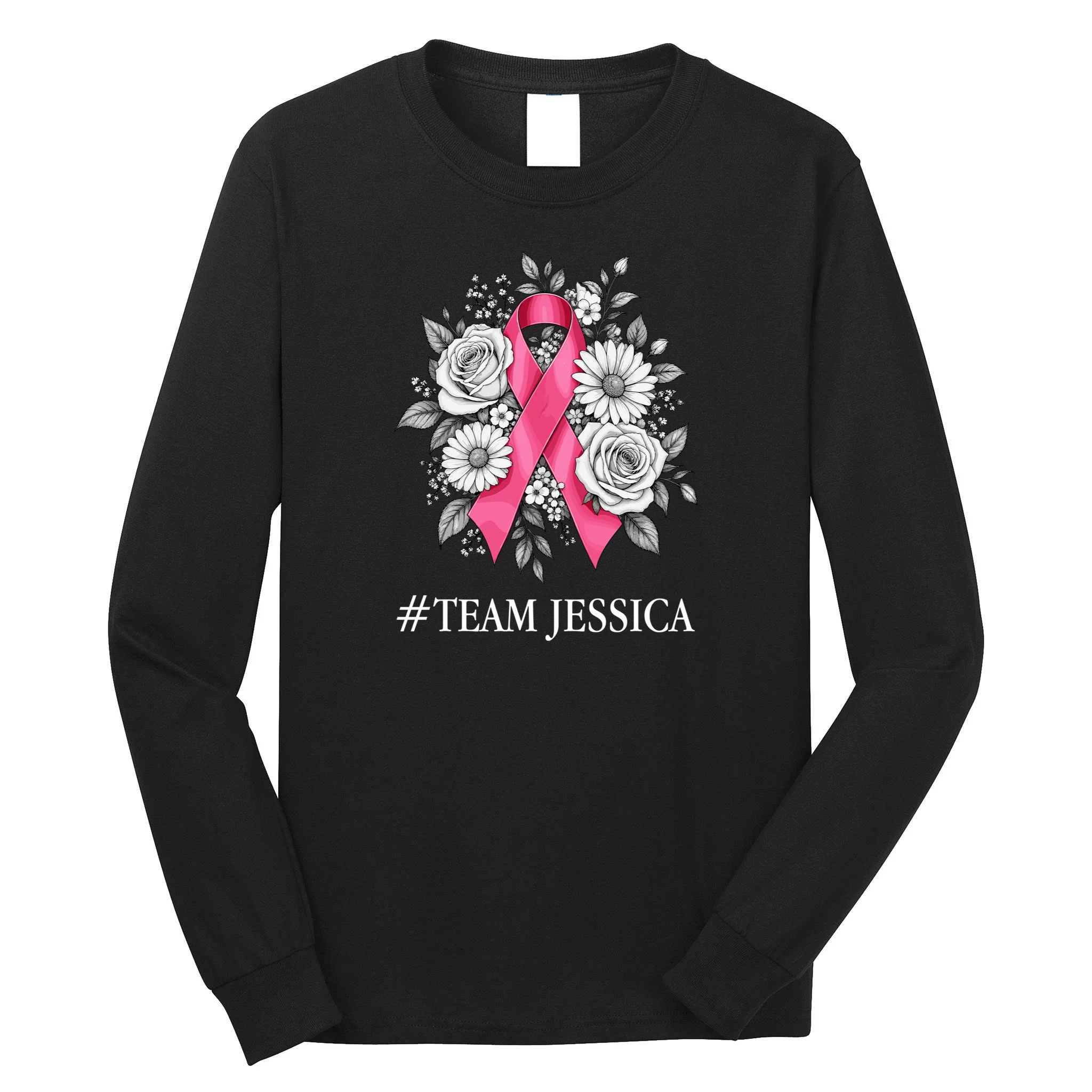 Personalized Breast Cancer Support with Pink Ribbon Awareness Men's Long Sleeve Shirt Front