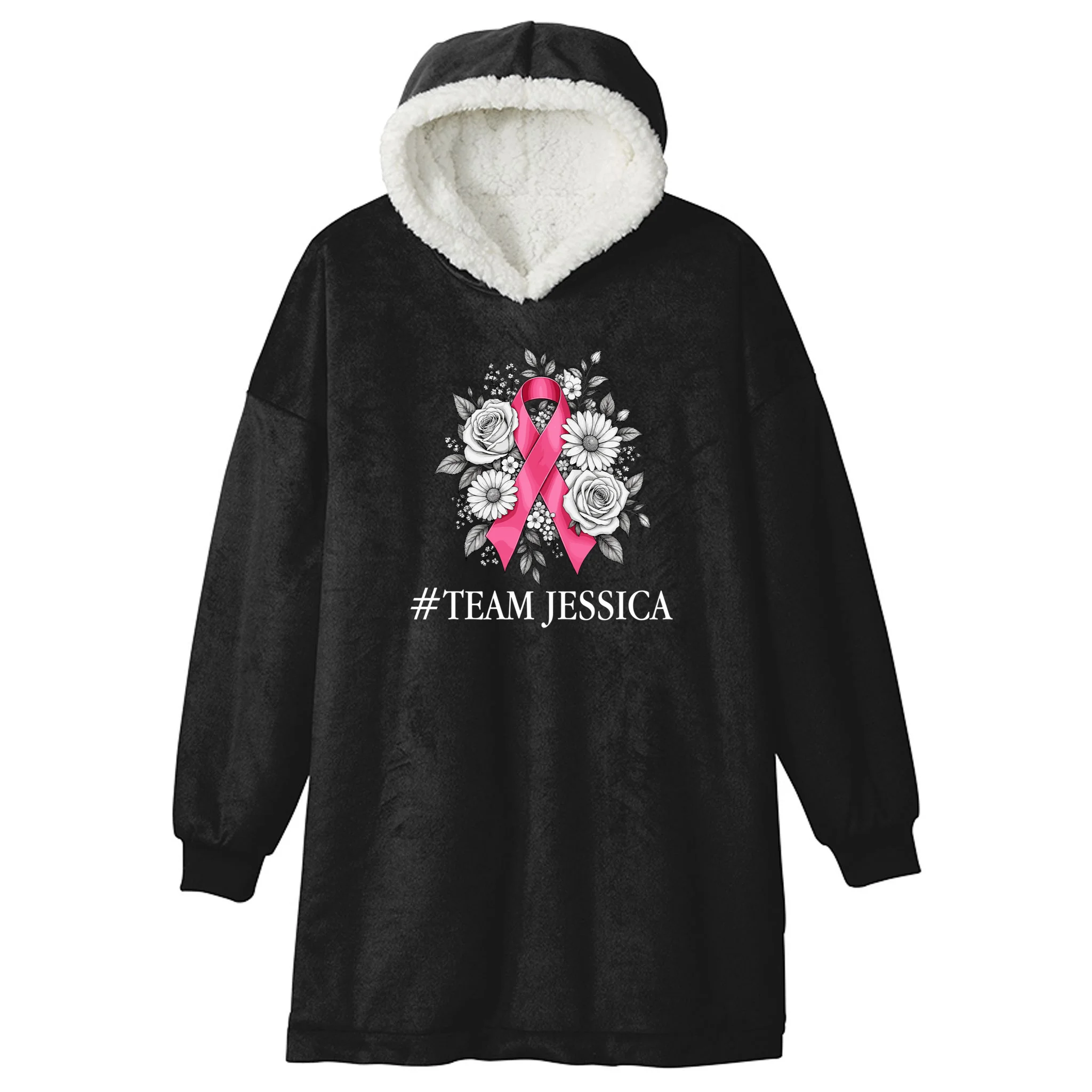 Personalized Breast Cancer Support with Pink Ribbon Awareness Hooded Blanket - Front