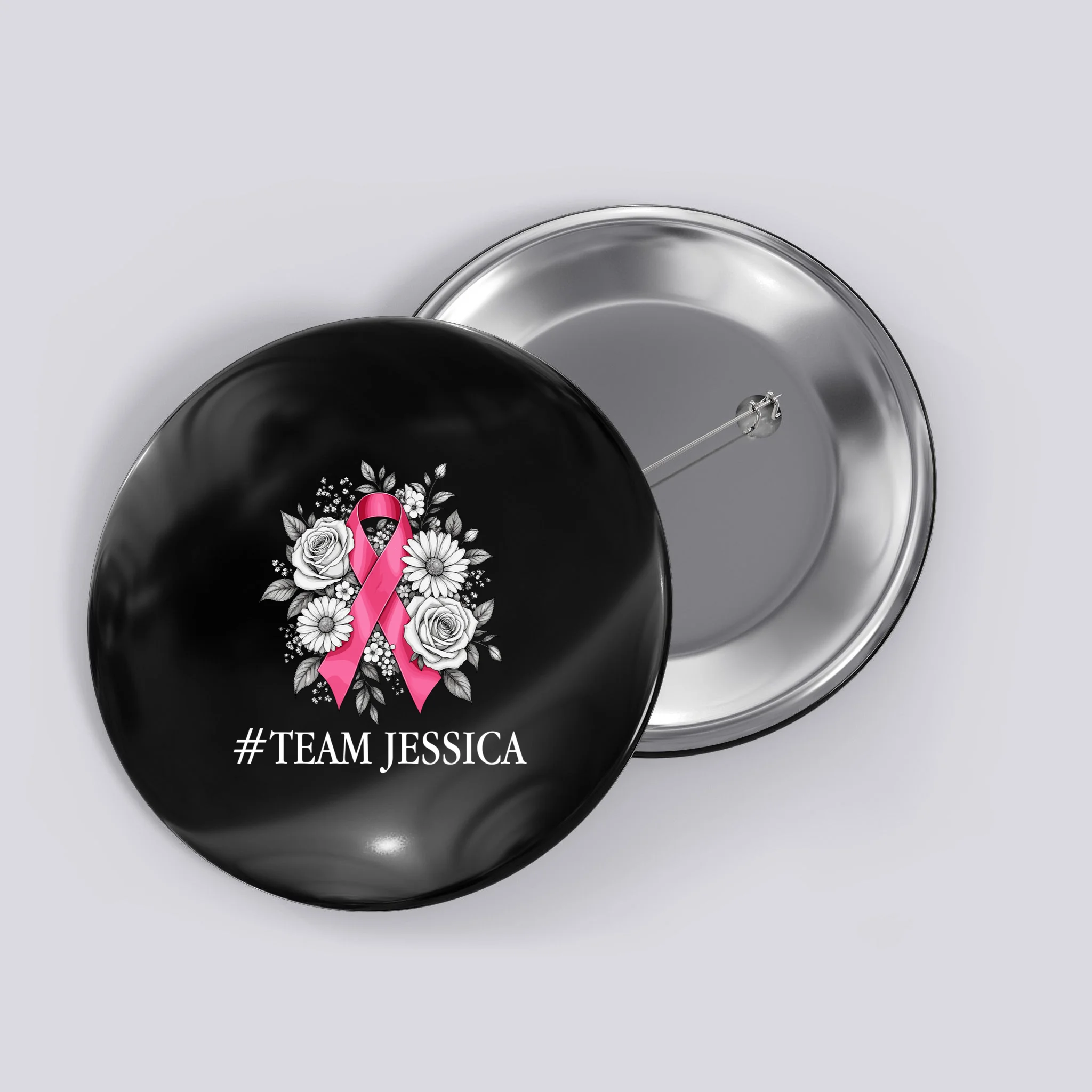 Personalized Breast Cancer Support with Pink Ribbon Awareness Button - Front
