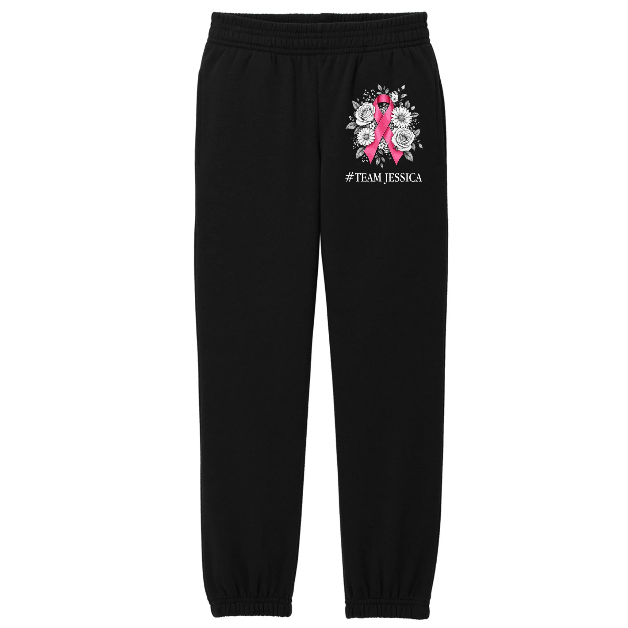Personalized Breast Cancer Support with Pink Ribbon Awareness Kids Fleece Sweatpants - Front