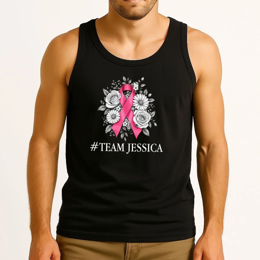 Personalized Breast Cancer Support with Pink Ribbon Awareness Men's Tank Top - Front 2