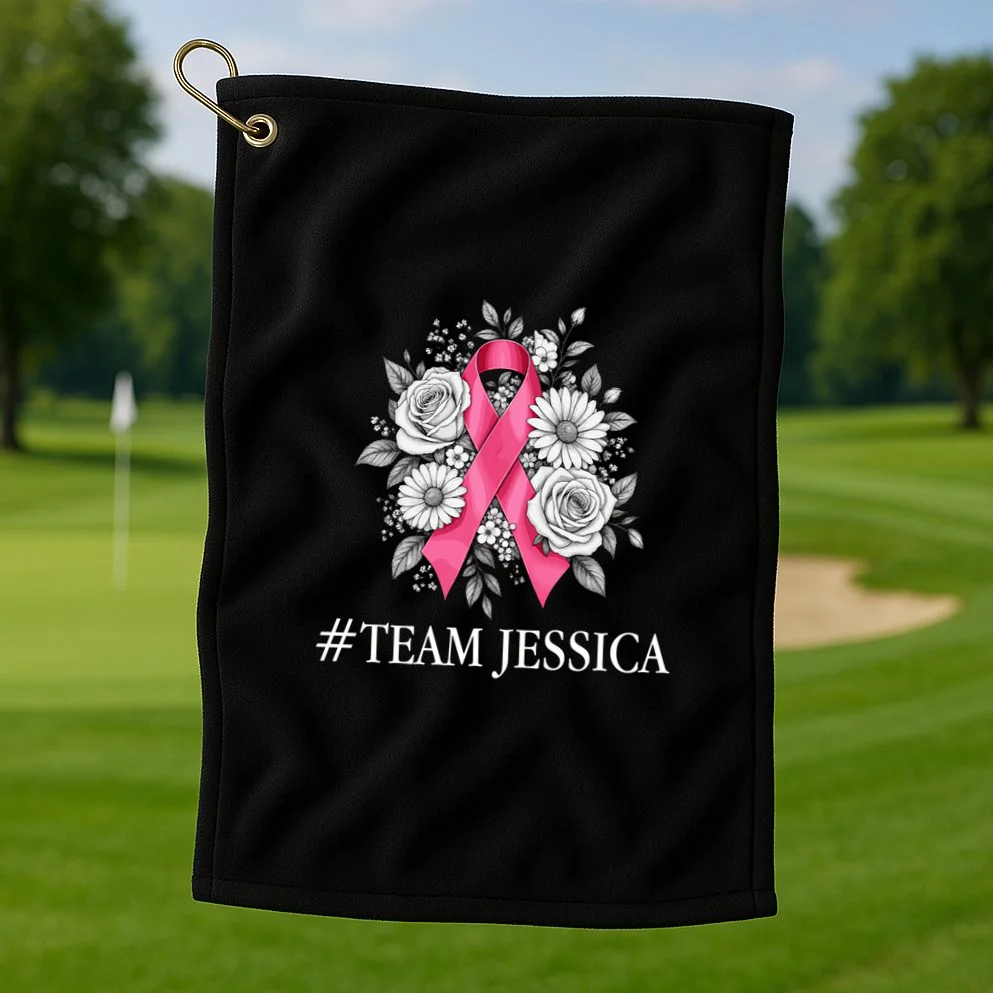 Personalized Breast Cancer Support with Pink Ribbon Awareness Golf Towel - Front 1