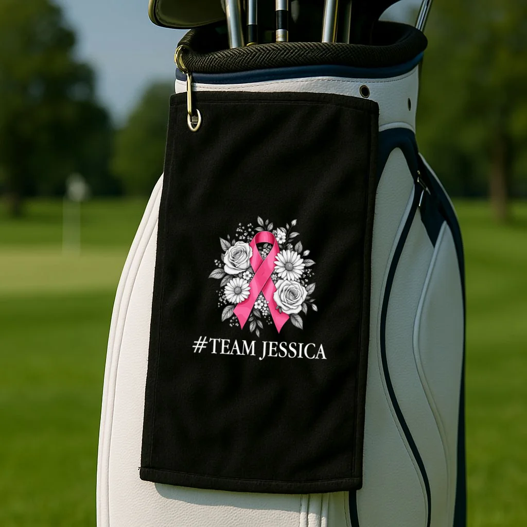 Personalized Breast Cancer Support with Pink Ribbon Awareness Golf Towel - Front 2