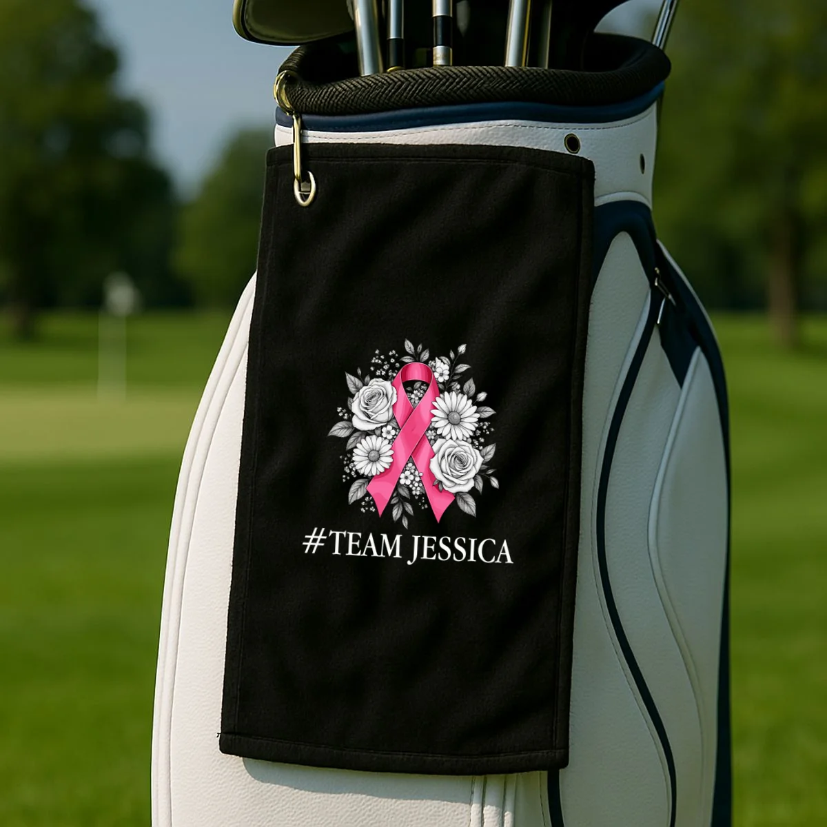 Personalized Breast Cancer Support with Pink Ribbon Awareness Golf Towel - Front 2