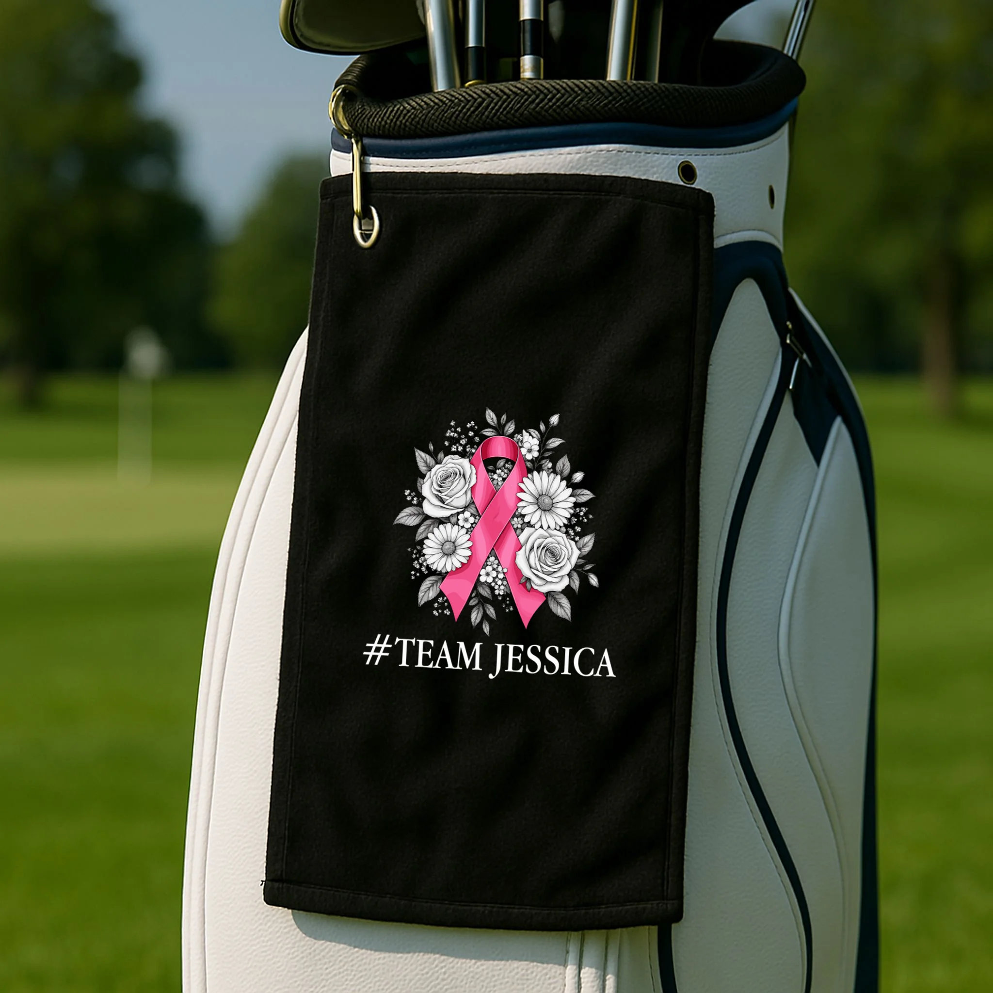 Personalized Breast Cancer Support with Pink Ribbon Awareness Golf Towel - Front 2