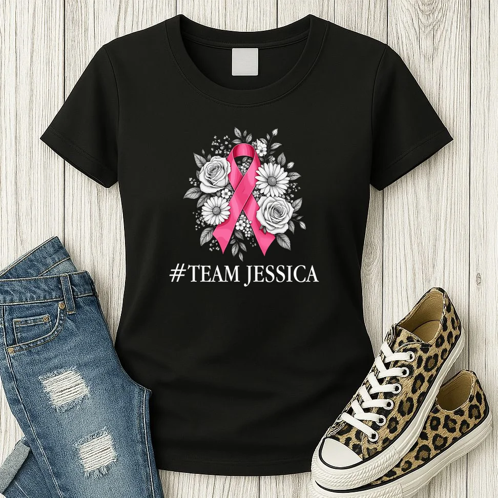 Personalized Breast Cancer Support with Pink Ribbon Awareness Women's T-Shirt - Front 2