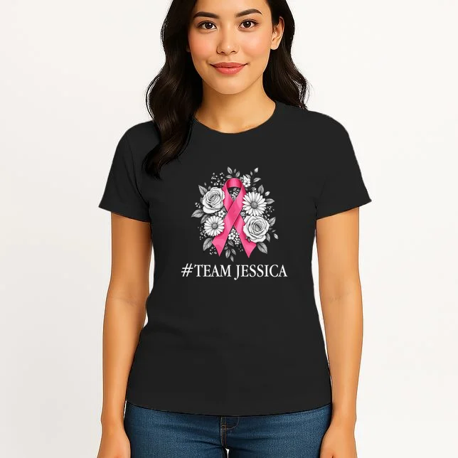 Personalized Breast Cancer Support with Pink Ribbon Awareness Women's T-Shirt - Front 3