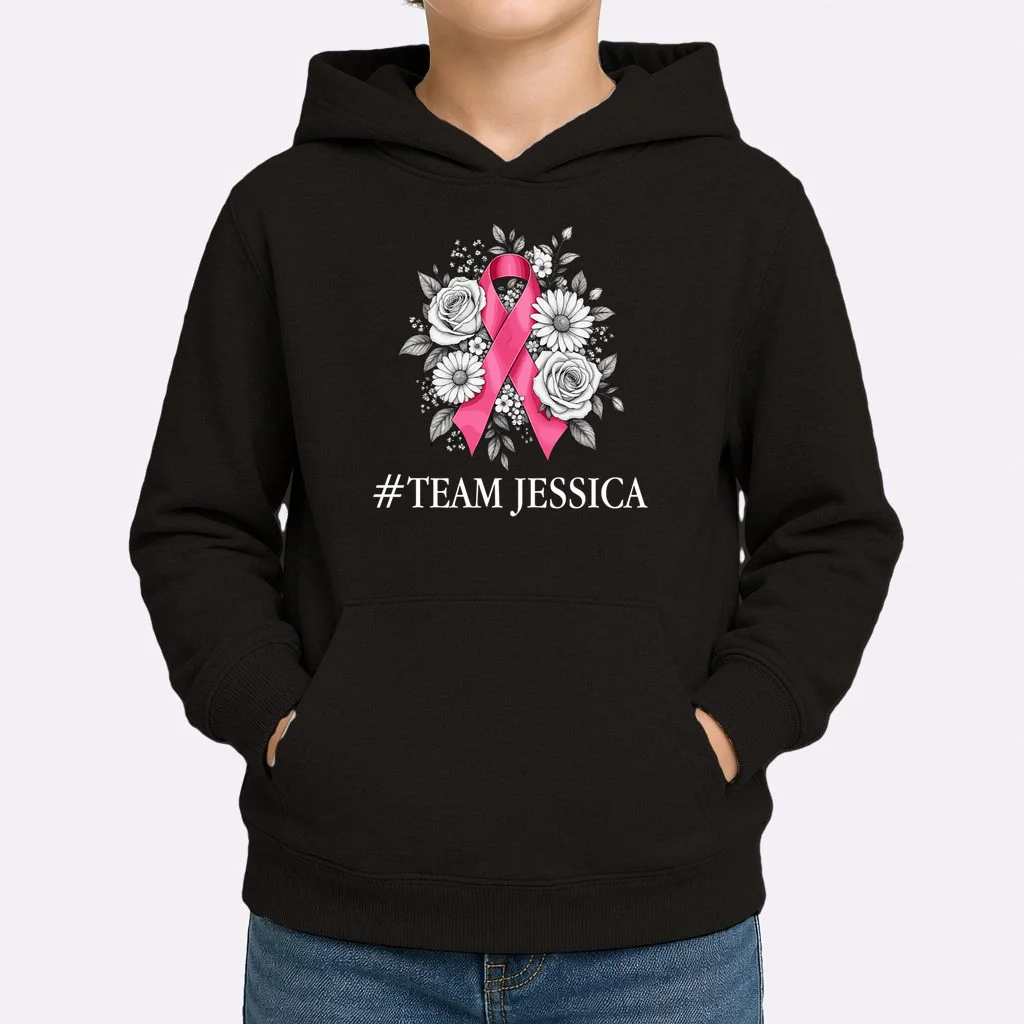 Personalized Breast Cancer Support with Pink Ribbon Awareness Kids Hoodie - Front 1