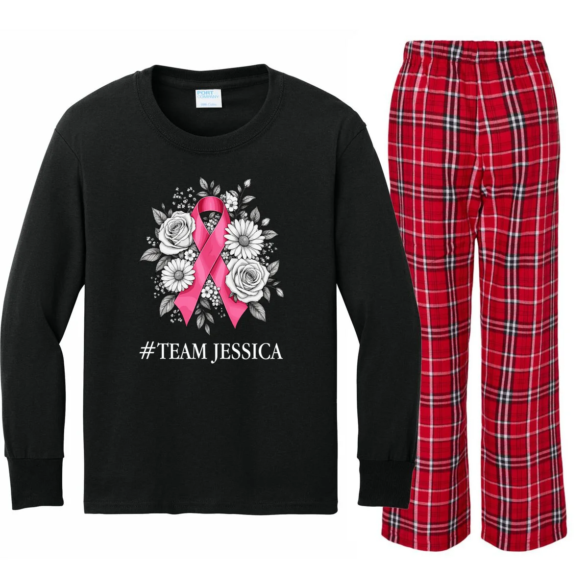 Personalized Breast Cancer Support with Pink Ribbon Awareness Kids Long Sleeve Pajamas - Front