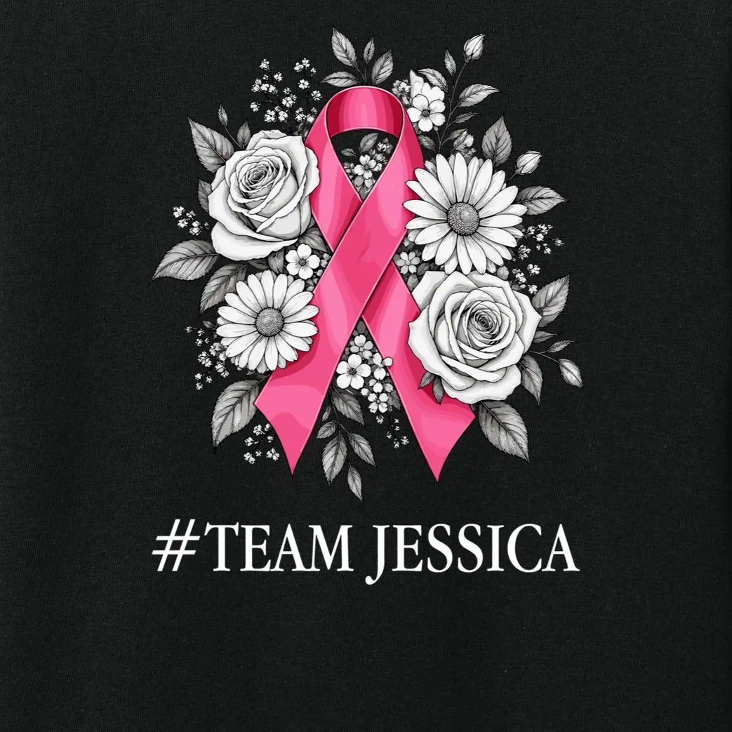Personalized Breast Cancer Support with Pink Ribbon Awareness Kids Long Sleeve Pajamas - Front - Close-up