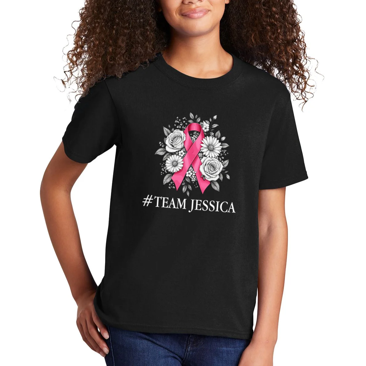 Personalized Breast Cancer Support with Pink Ribbon Awareness Kids T-Shirt - Front 1