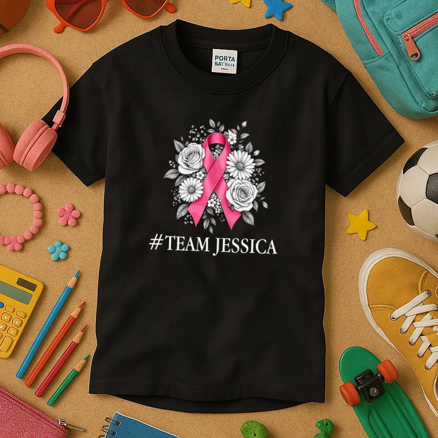 Personalized Breast Cancer Support with Pink Ribbon Awareness Kids T-Shirt - Front 2