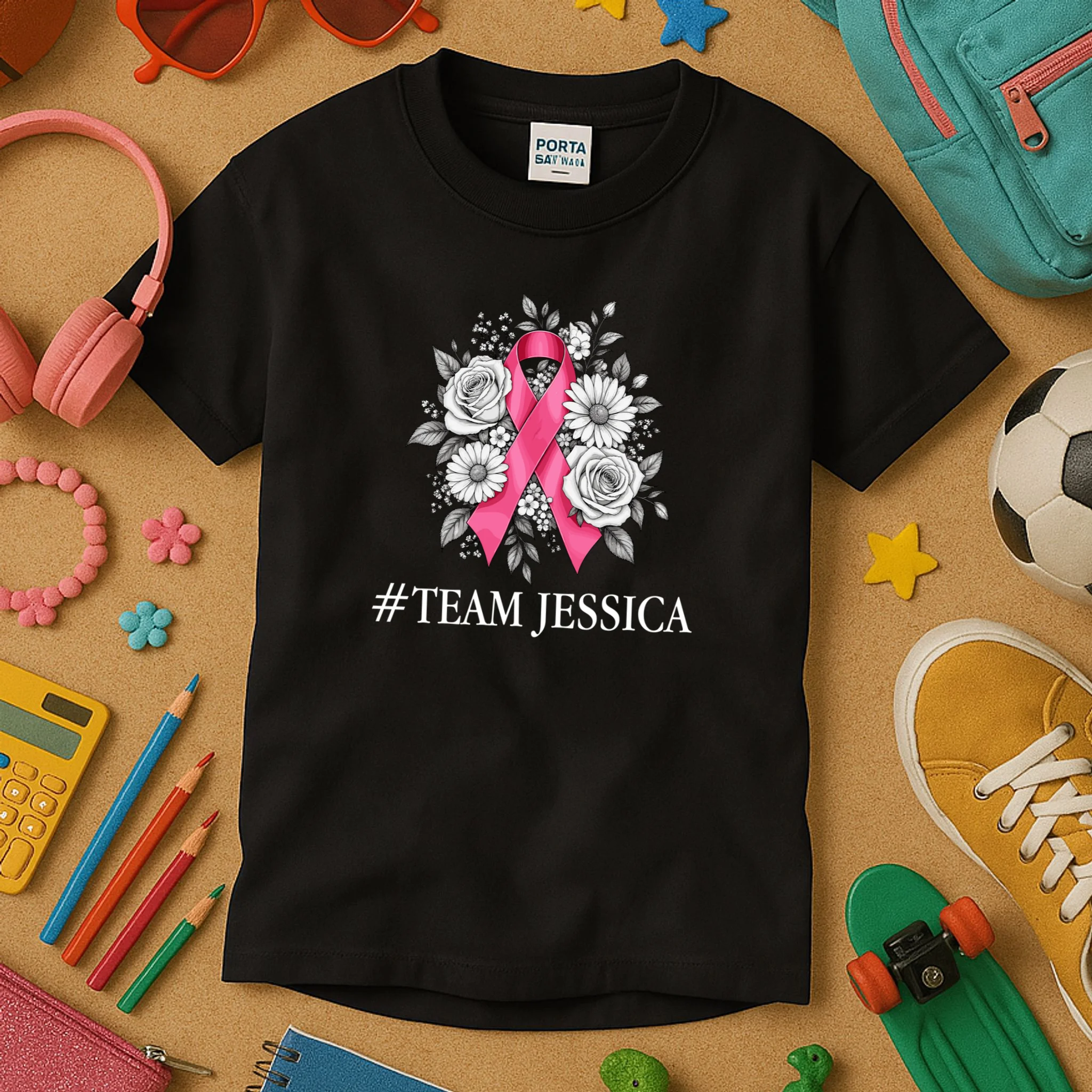 Personalized Breast Cancer Support with Pink Ribbon Awareness Kids T-Shirt - Front 2