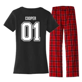 Bowling Club – Vintage Bowling Emblem Custom Team Name & Number Women's Flannel Pajama Set - Back - Close-up