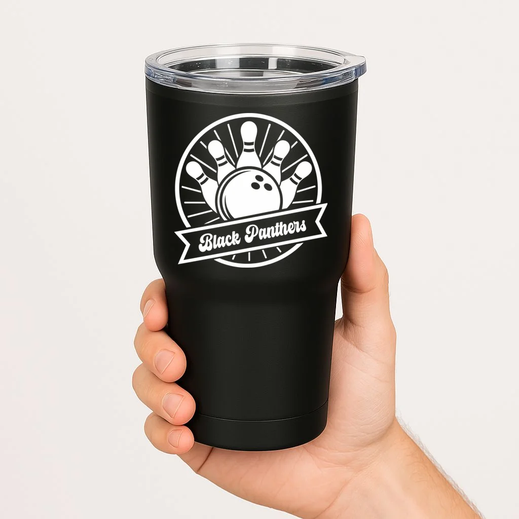 Bowling Club – Vintage Bowling Emblem Custom Team Name & Number 20oz Tumbler - Front 1