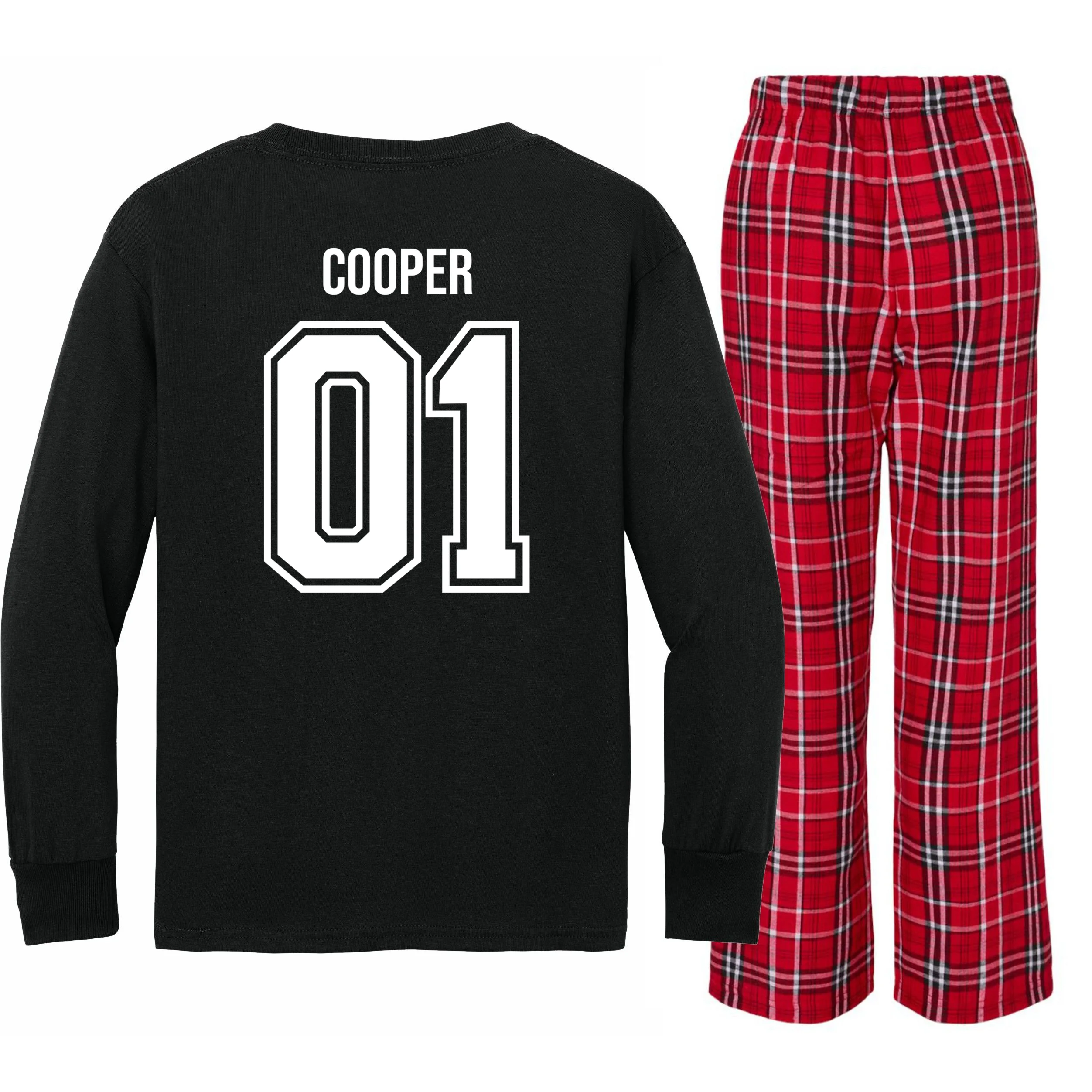 Bowling Club – Vintage Bowling Emblem Custom Team Name & Number Kids Long Sleeve Pajamas - Back - Close-up