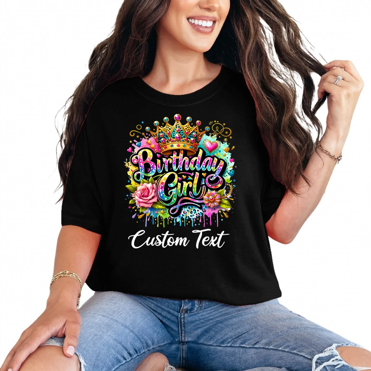 Birthday Girl Crown Heart Splash Custom Text Personalized Birthday T-Shirt - Front