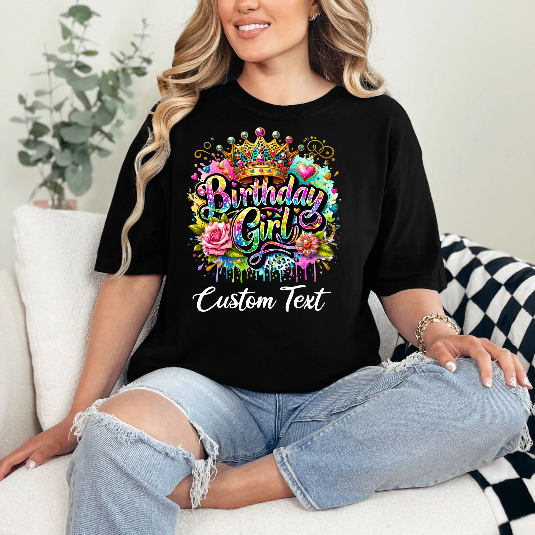 Birthday Girl Crown Heart Splash Custom Text Personalized Birthday T-Shirt - Front 1