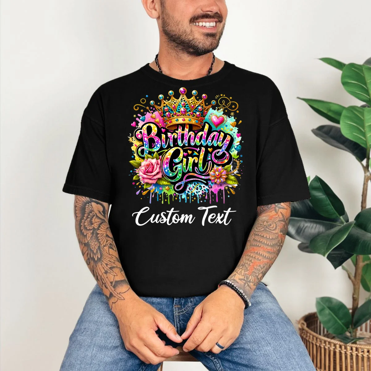 Birthday Girl Crown Heart Splash Custom Text Personalized Birthday T-Shirt - Front 2