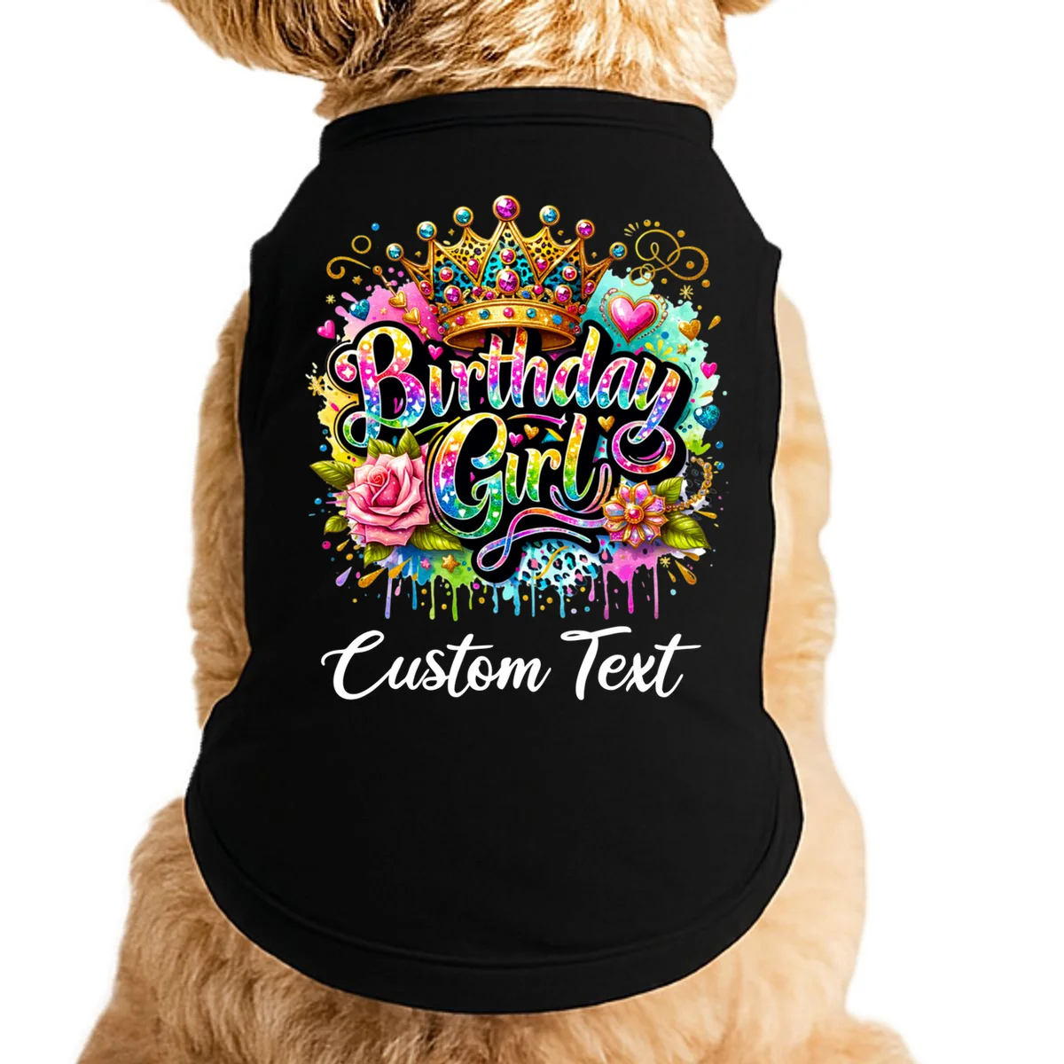 Birthday Girl Crown Heart Splash Custom Text Personalized Birthday Doggie Tank - Front