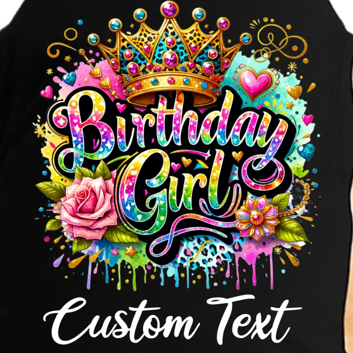 Birthday Girl Crown Heart Splash Custom Text Personalized Birthday Doggie Tank - Front - Close-up