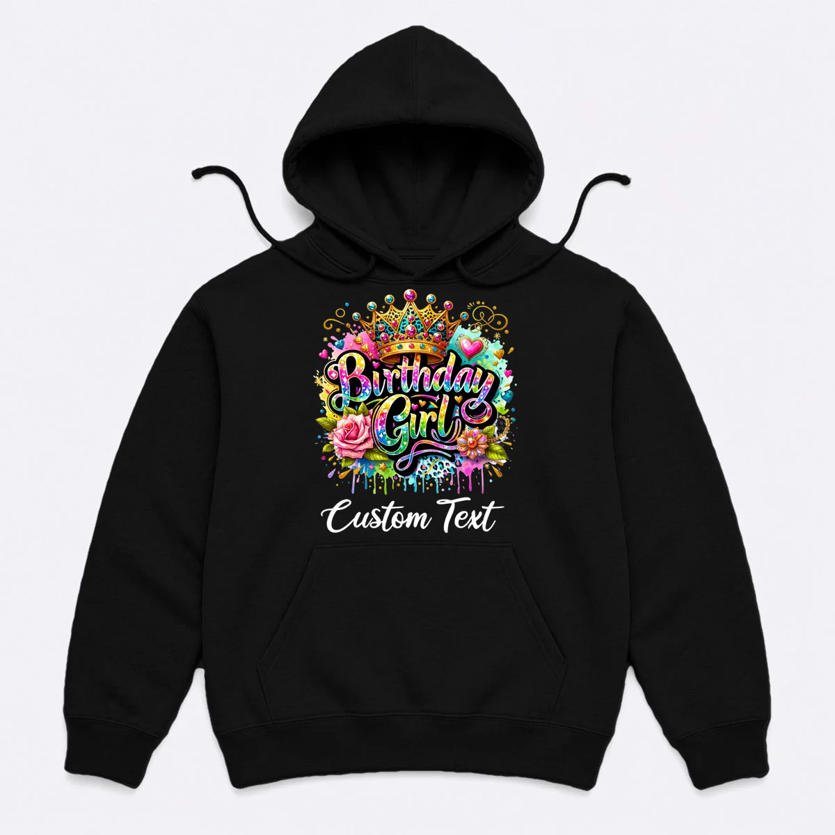 Birthday Girl Crown Heart Splash Custom Text Personalized Birthday Hoodie - Front