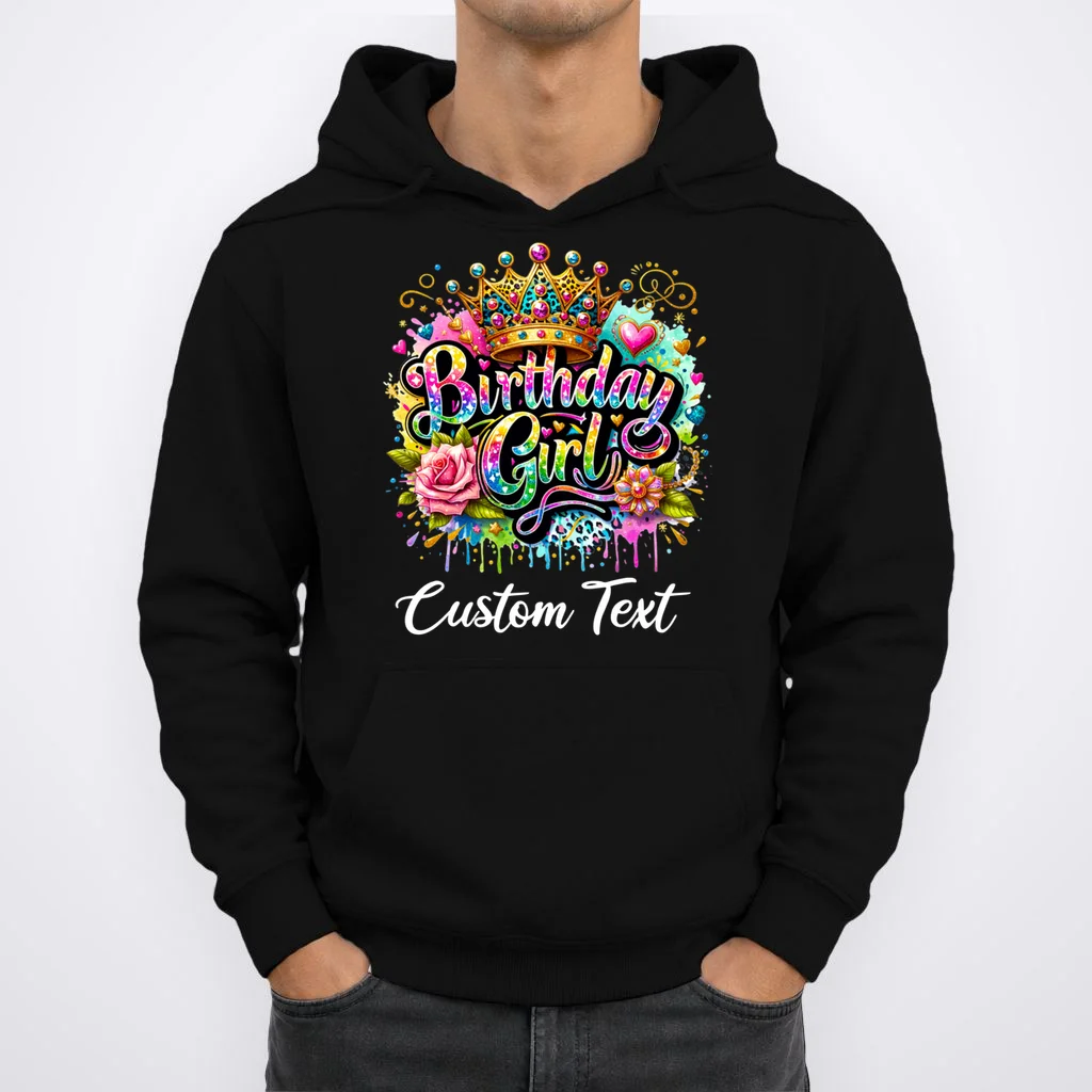 Birthday Girl Crown Heart Splash Custom Text Personalized Birthday Hoodie - Front 1