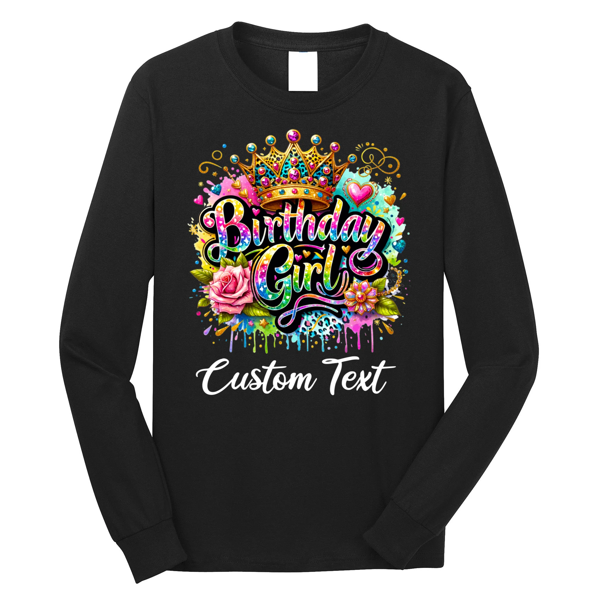 Birthday Girl Crown Heart Splash Custom Text Personalized Birthday Men's Long Sleeve Shirt - Front