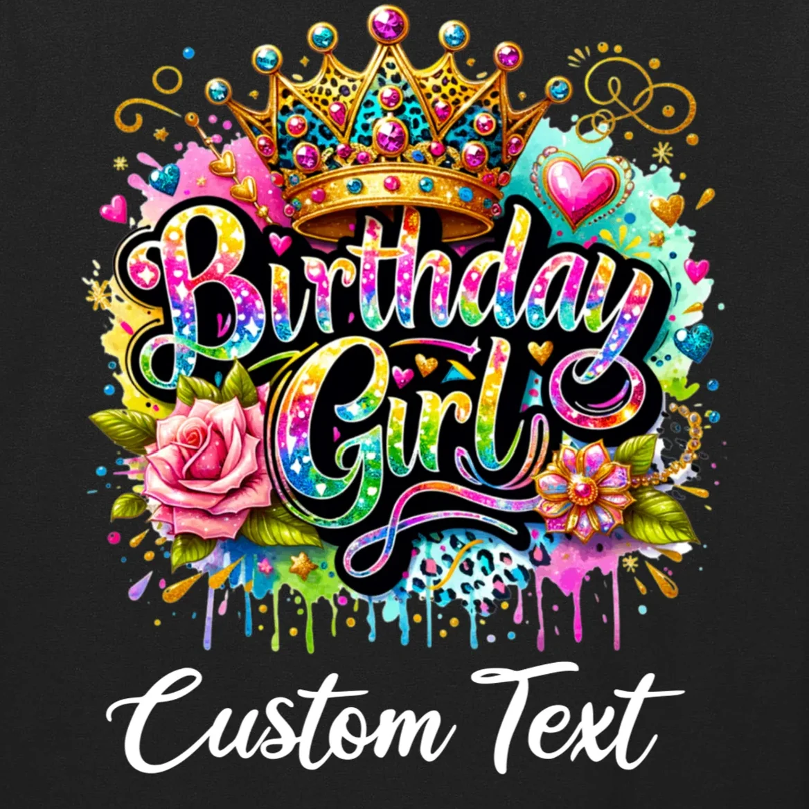 Birthday Girl Crown Heart Splash Custom Text Personalized Birthday Men's Long Sleeve Shirt - Front - Close-up
