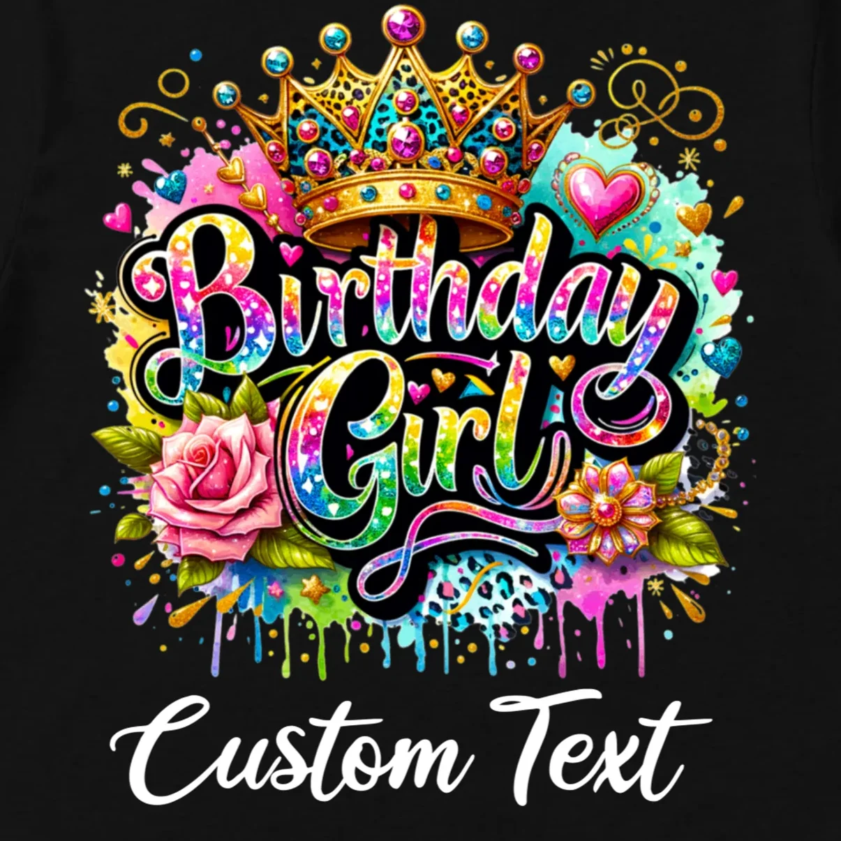 Birthday Girl Crown Heart Splash Custom Text Personalized Birthday Men's T-Shirt - Front - Close-up