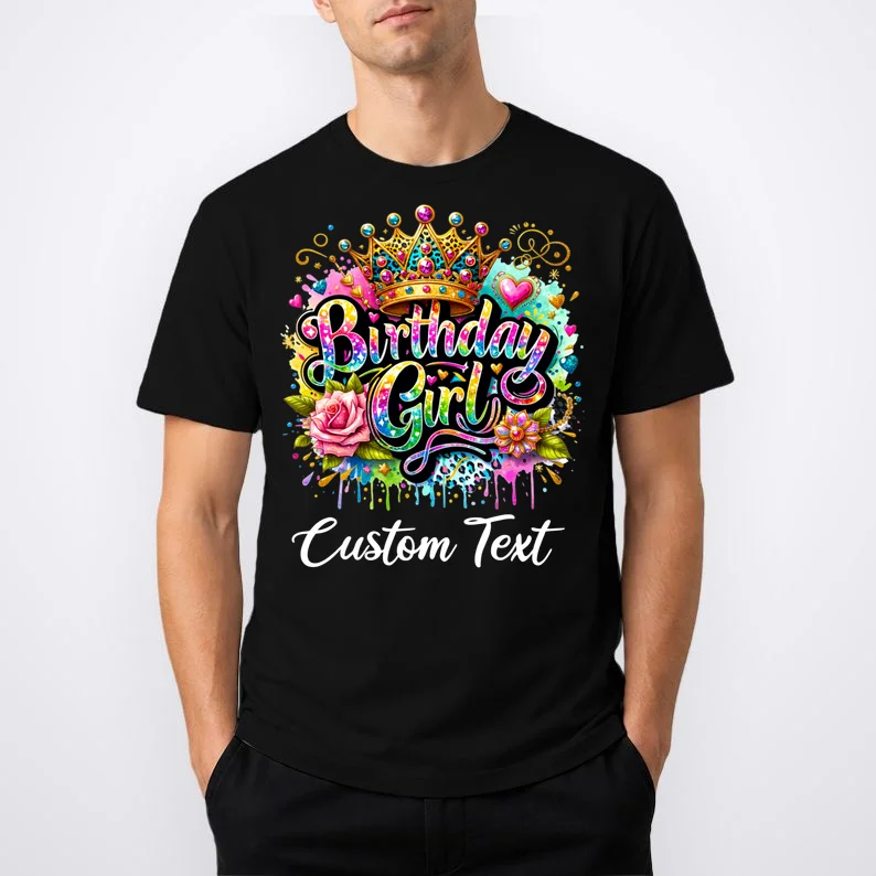Birthday Girl Crown Heart Splash Custom Text Personalized Birthday T-Shirt - Front 1