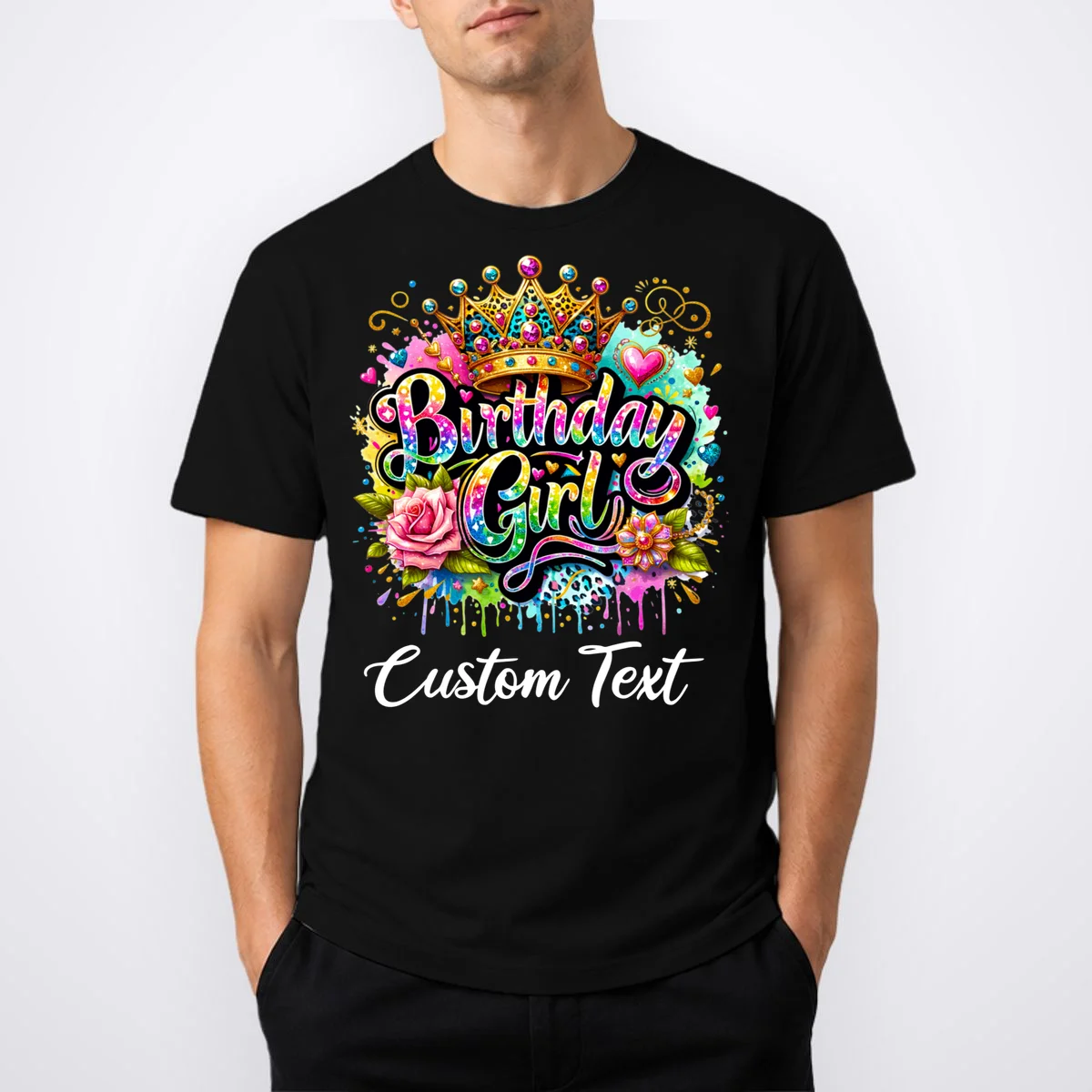 Birthday Girl Crown Heart Splash Custom Text Personalized Birthday Men's T-Shirt - Front 1