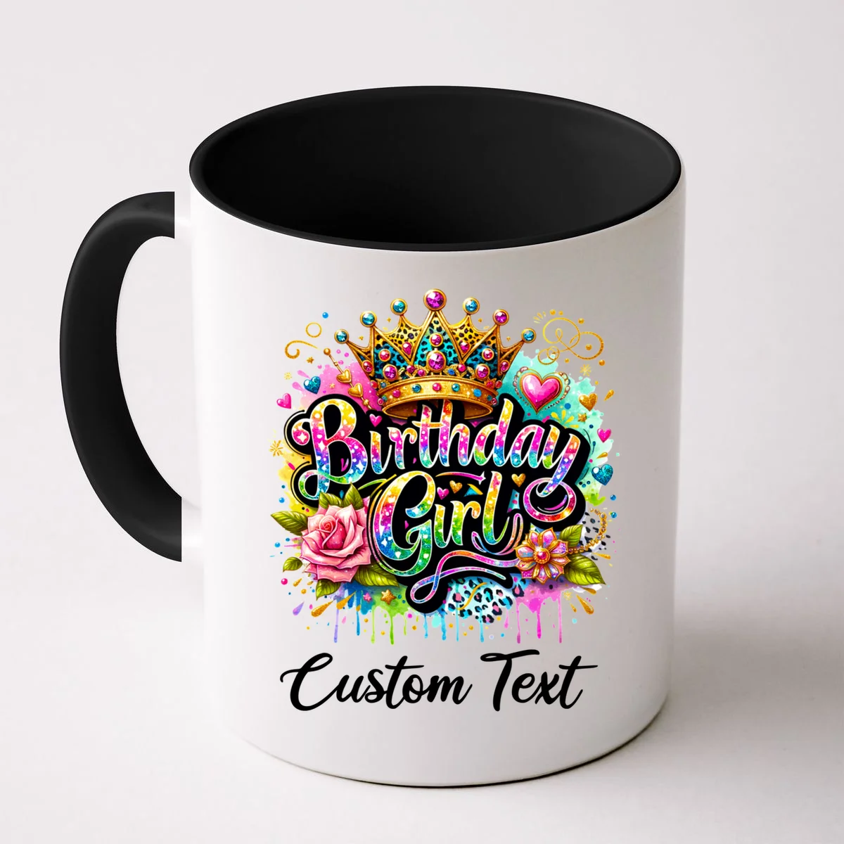 Birthday Girl Crown Heart Splash Custom Text Personalized Birthday Coffee Mug - Front