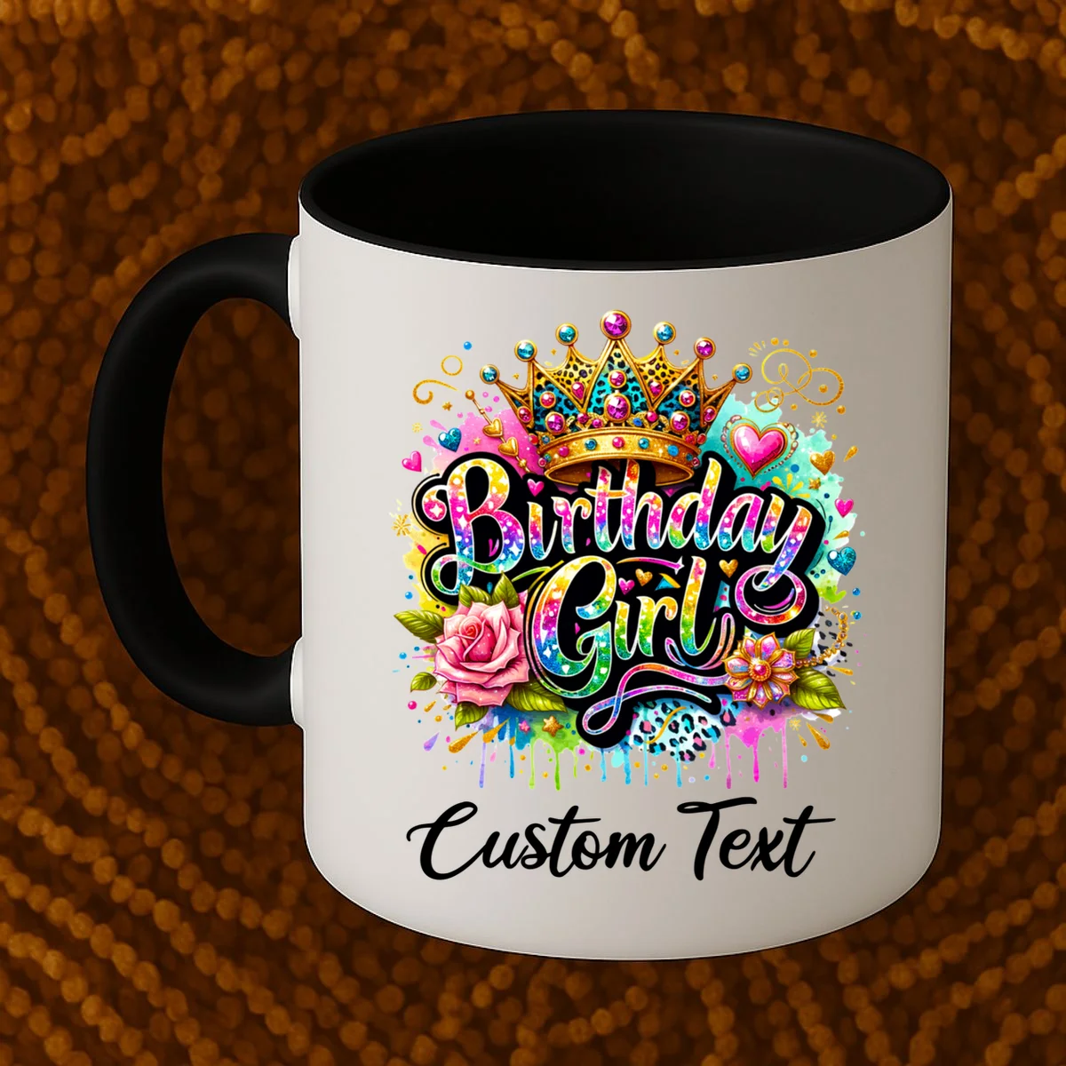 Birthday Girl Crown Heart Splash Custom Text Personalized Birthday Coffee Mug - Front 1