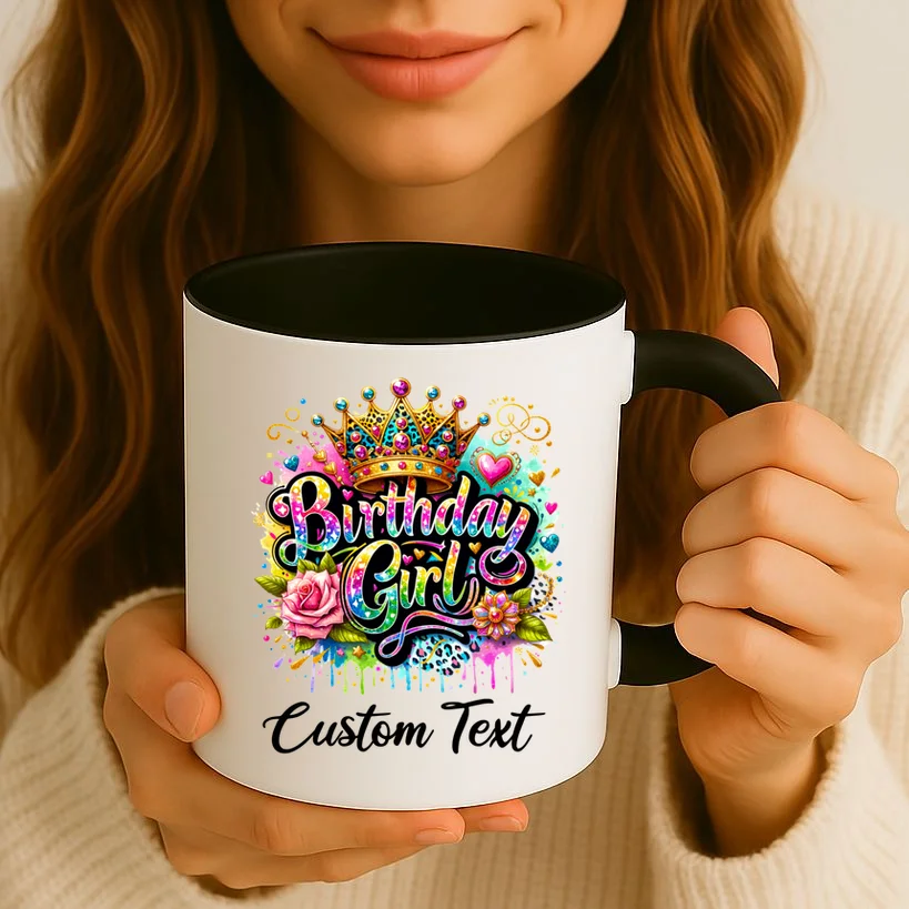 Birthday Girl Crown Heart Splash Custom Text Personalized Birthday Coffee Mug - Front 2