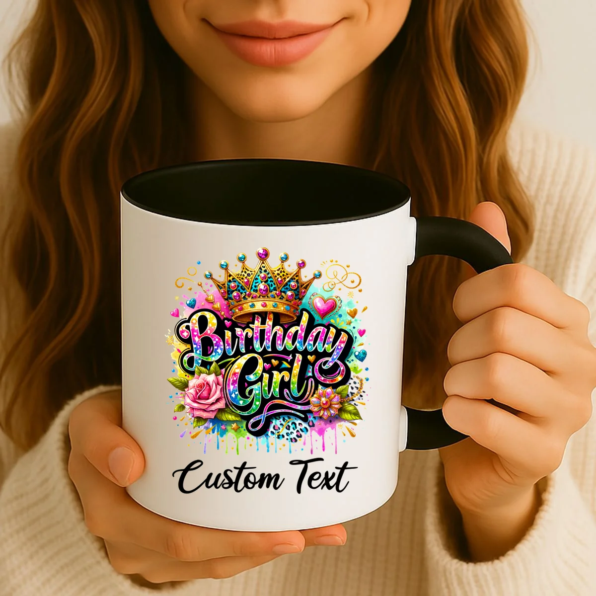 Birthday Girl Crown Heart Splash Custom Text Personalized Birthday Mug - Front 2