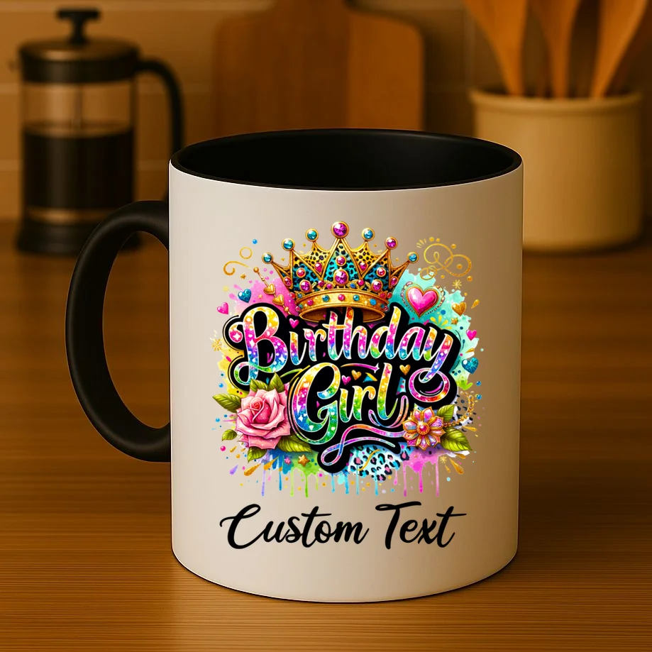 Birthday Girl Crown Heart Splash Custom Text Personalized Birthday Coffee Mug - Front 3