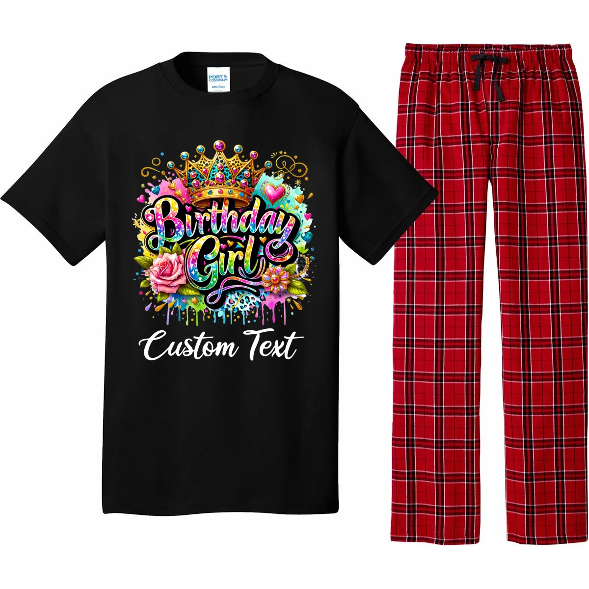 Birthday Girl Crown Heart Splash Custom Text Personalized Birthday Pajama Set - Front